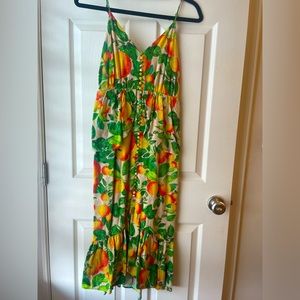 Farm Rio Sands Linen Midi Dress XS in Yellow Green and Orange